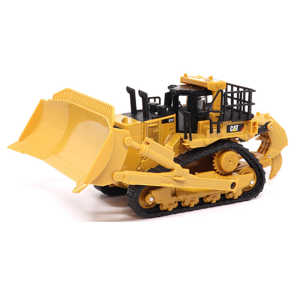 1:64th Scale Model of a Yellow and Black Caterpillar D11T Bulldozer with Rear Ripper on a White Background