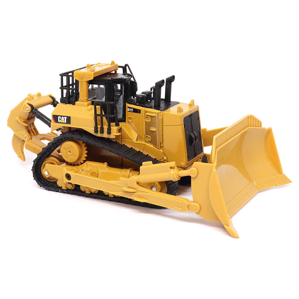 1:64th Scale Model of a Yellow and Black Caterpillar D11T Bulldozer with Rear Ripper on a White Background