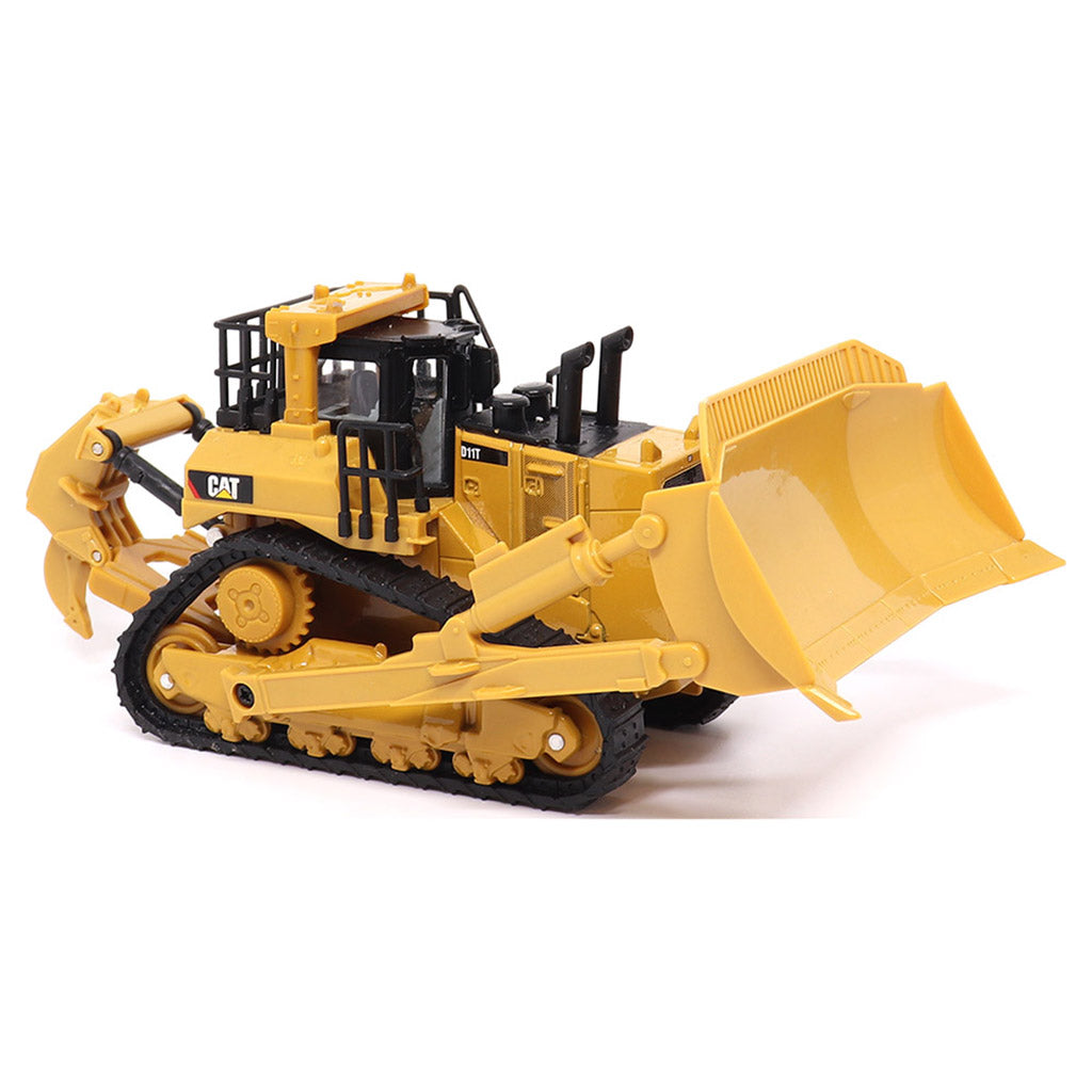 1:64th Scale Model of a Yellow and Black Caterpillar D11T Bulldozer with Rear Ripper on a White Background