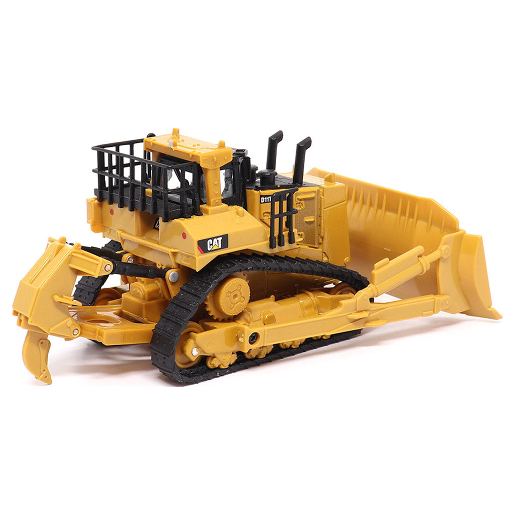 1:64th Scale Model of a Yellow and Black Caterpillar D11T Bulldozer with Rear Ripper on a White Background