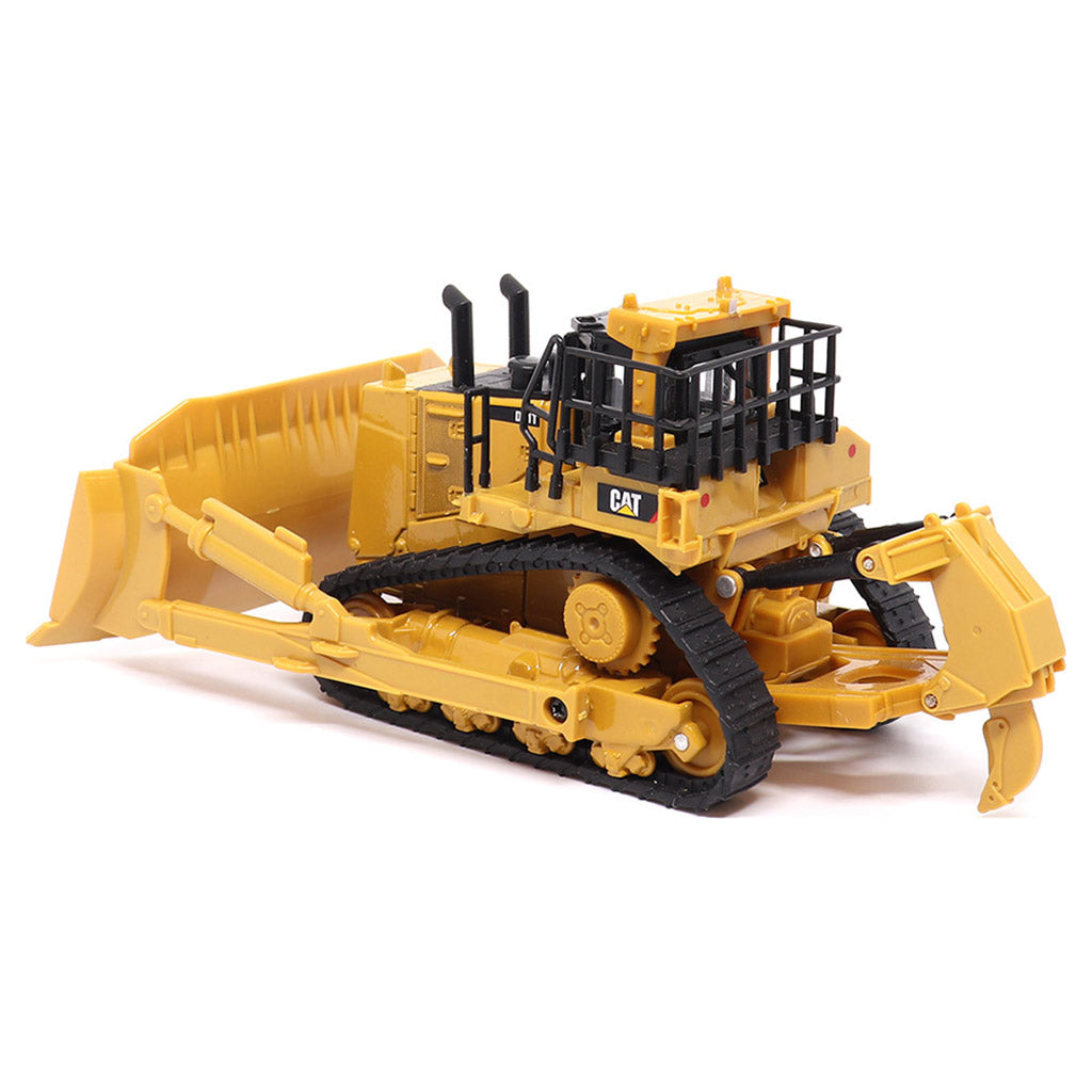 1:64th Scale Model of a Yellow and Black Caterpillar D11T Bulldozer with Rear Ripper on a White Background