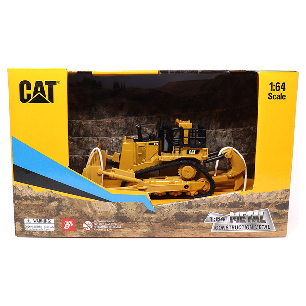 1:64th Scale Model of a Yellow and Black Caterpillar D11T Bulldozer with Rear Ripper in Colorful Window Box Packaging on a White Background