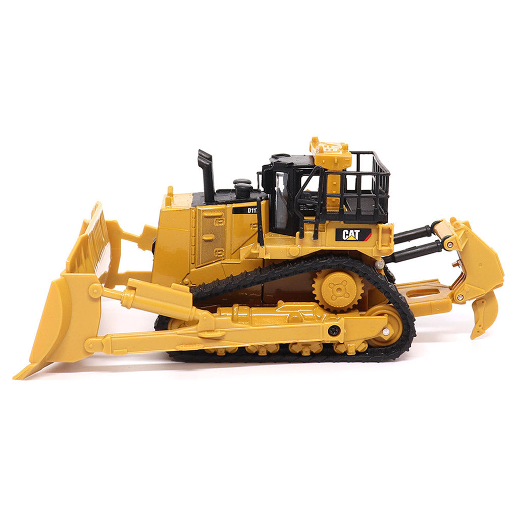 1:64th Scale Model of a Yellow and Black Caterpillar D11T Bulldozer with Rear Ripper on a White Background
