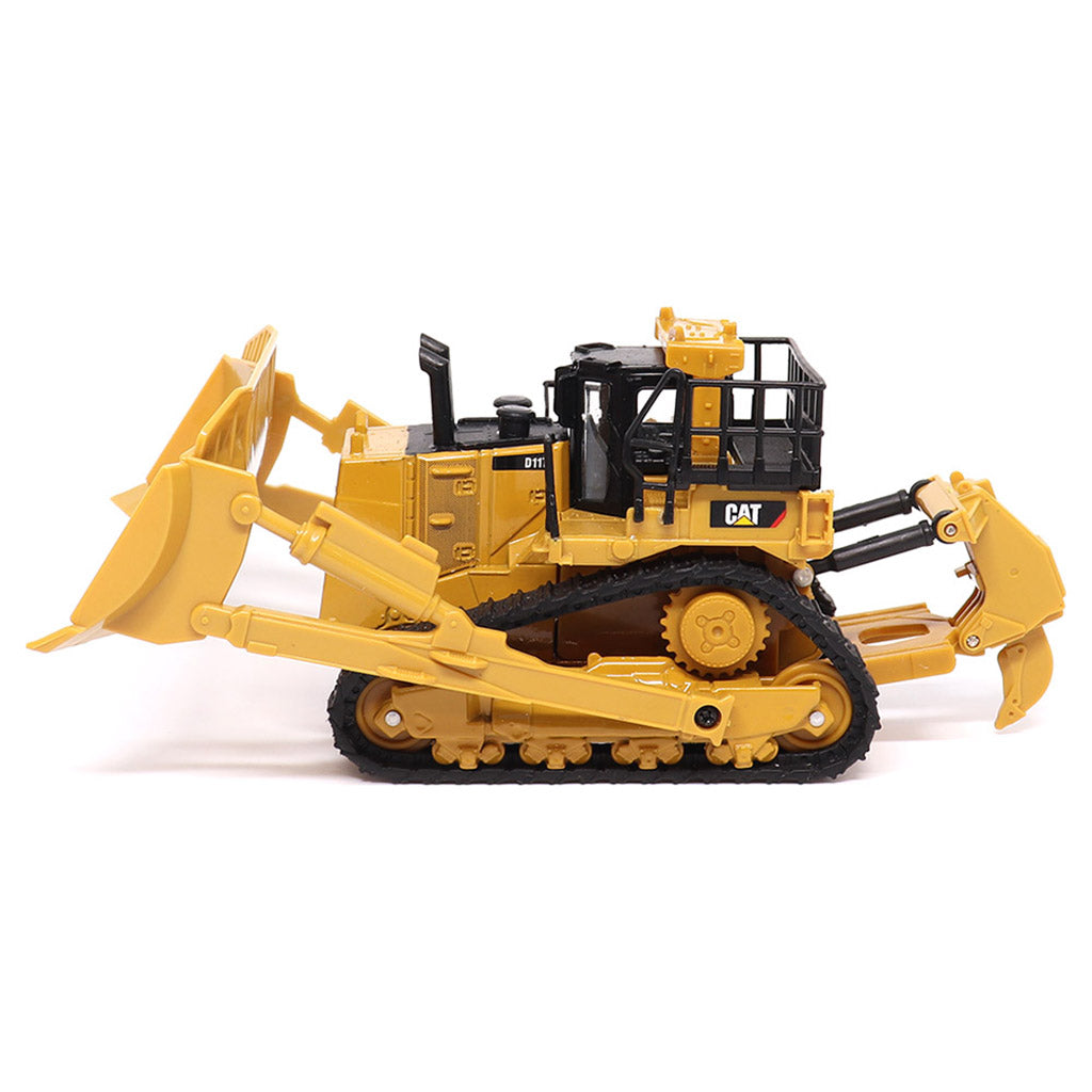 1:64th Scale Model of a Yellow and Black Caterpillar D11T Bulldozer with Rear Ripper on a White Background