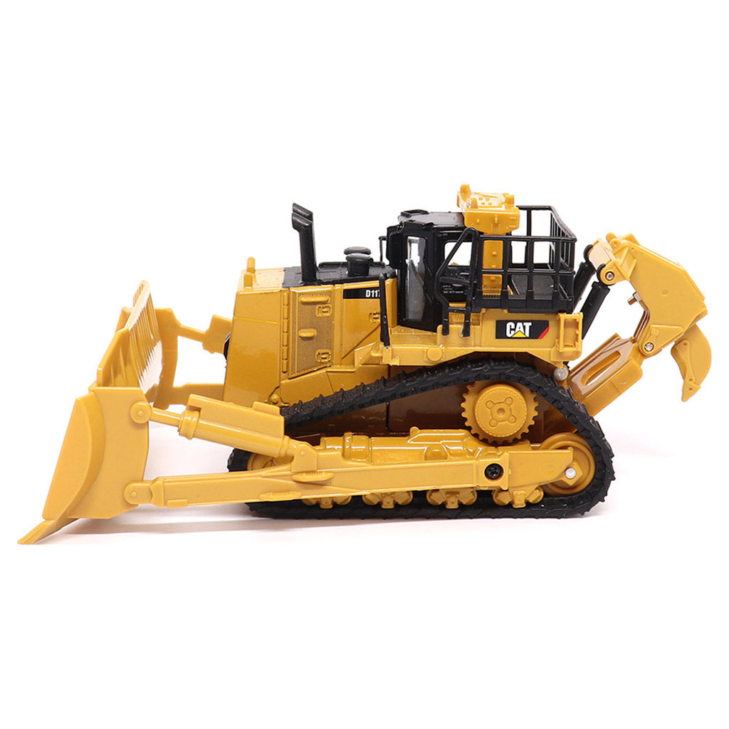 1:64th Scale Model of a Yellow and Black Caterpillar D11T Bulldozer with Rear Ripper on a White Background