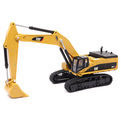 1:64th Scale Model of a Yellow & Black Caterpillar 385C L Super Large Excavator on a White Background