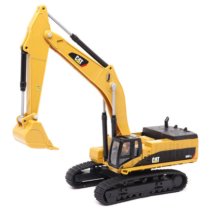 1:64th Scale Model of a Yellow & Black Caterpillar 385C L Super Large Excavator on a White Background