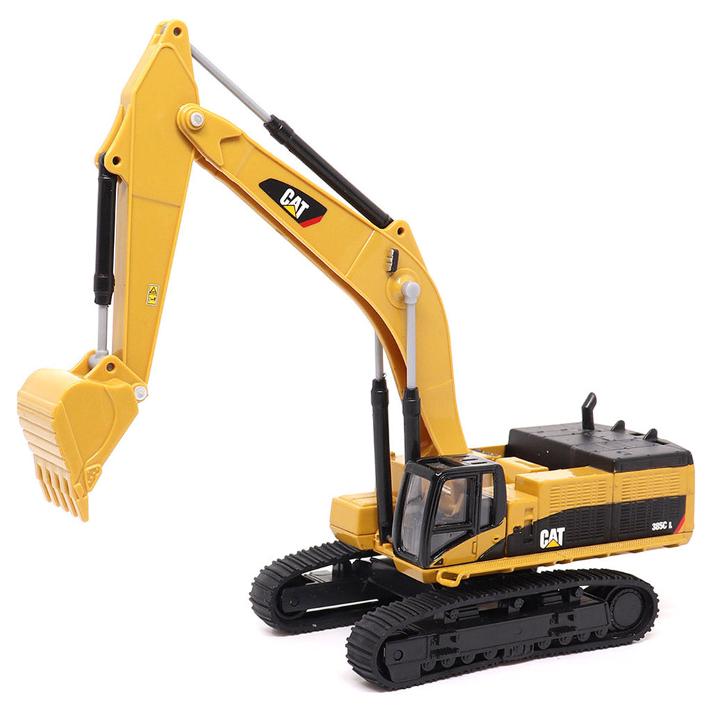 1:64th Scale Model of a Yellow & Black Caterpillar 385C L Super Large Excavator on a White Background