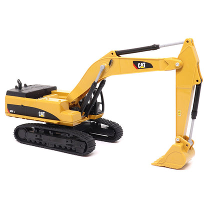 1:64th Scale Model of a Yellow & Black Caterpillar 385C L Super Large Excavator on a White Background
