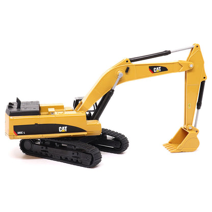 1:64th Scale Model of a Yellow & Black Caterpillar 385C L Super Large Excavator on a White Background