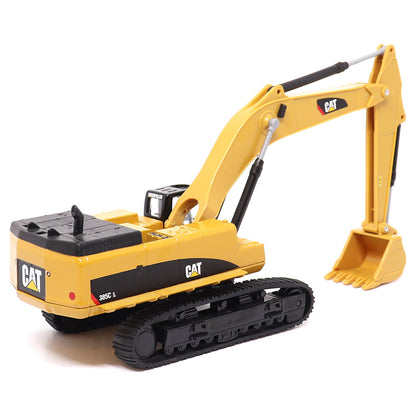 1:64th Scale Model of a Yellow & Black Caterpillar 385C L Super Large Excavator on a White Background
