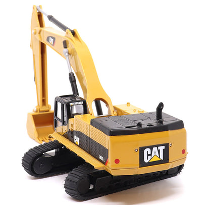 1:64th Scale Model of a Yellow & Black Caterpillar 385C L Super Large Excavator on a White Background