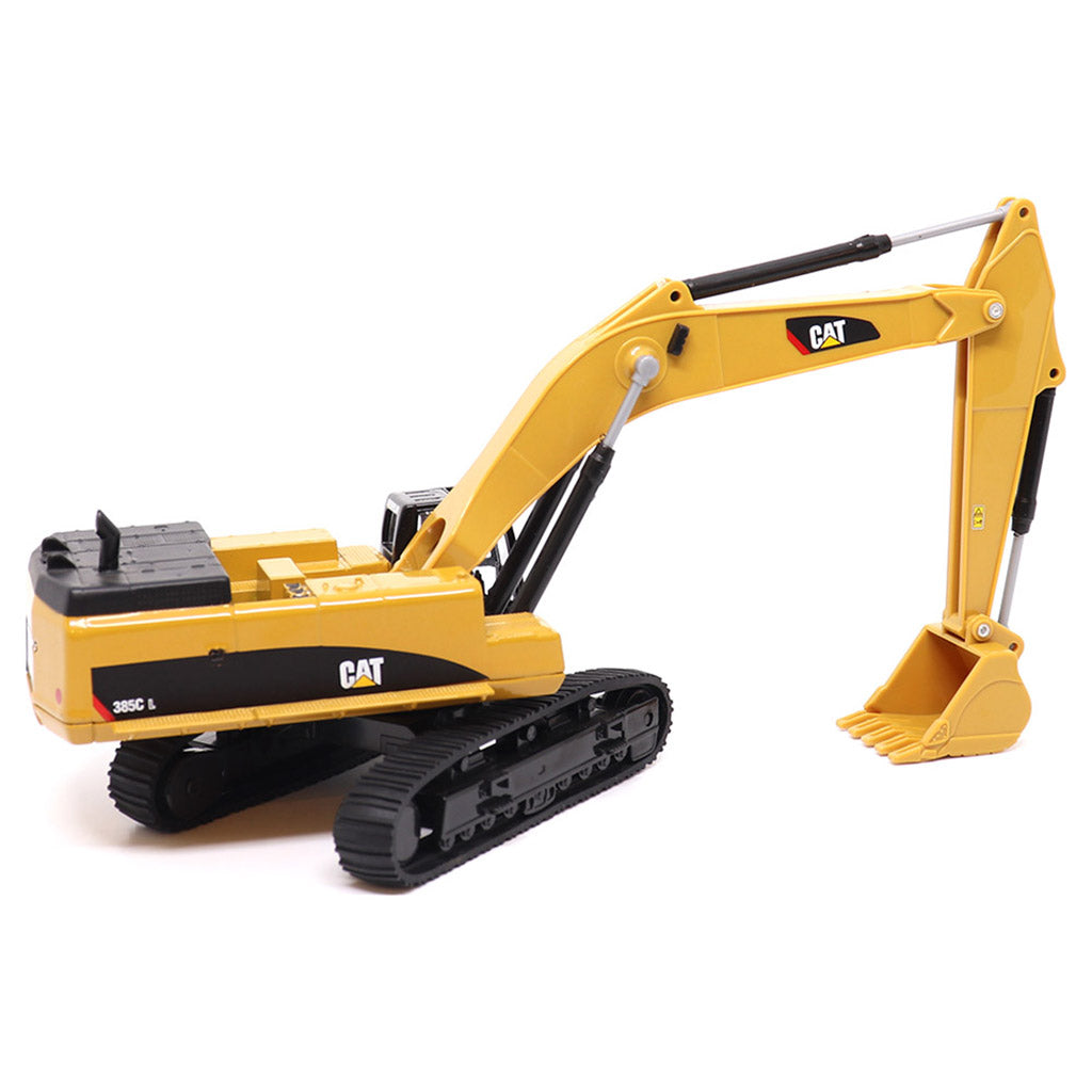 1:64th Scale Model of a Yellow & Black Caterpillar 385C L Super Large Excavator on a White Background