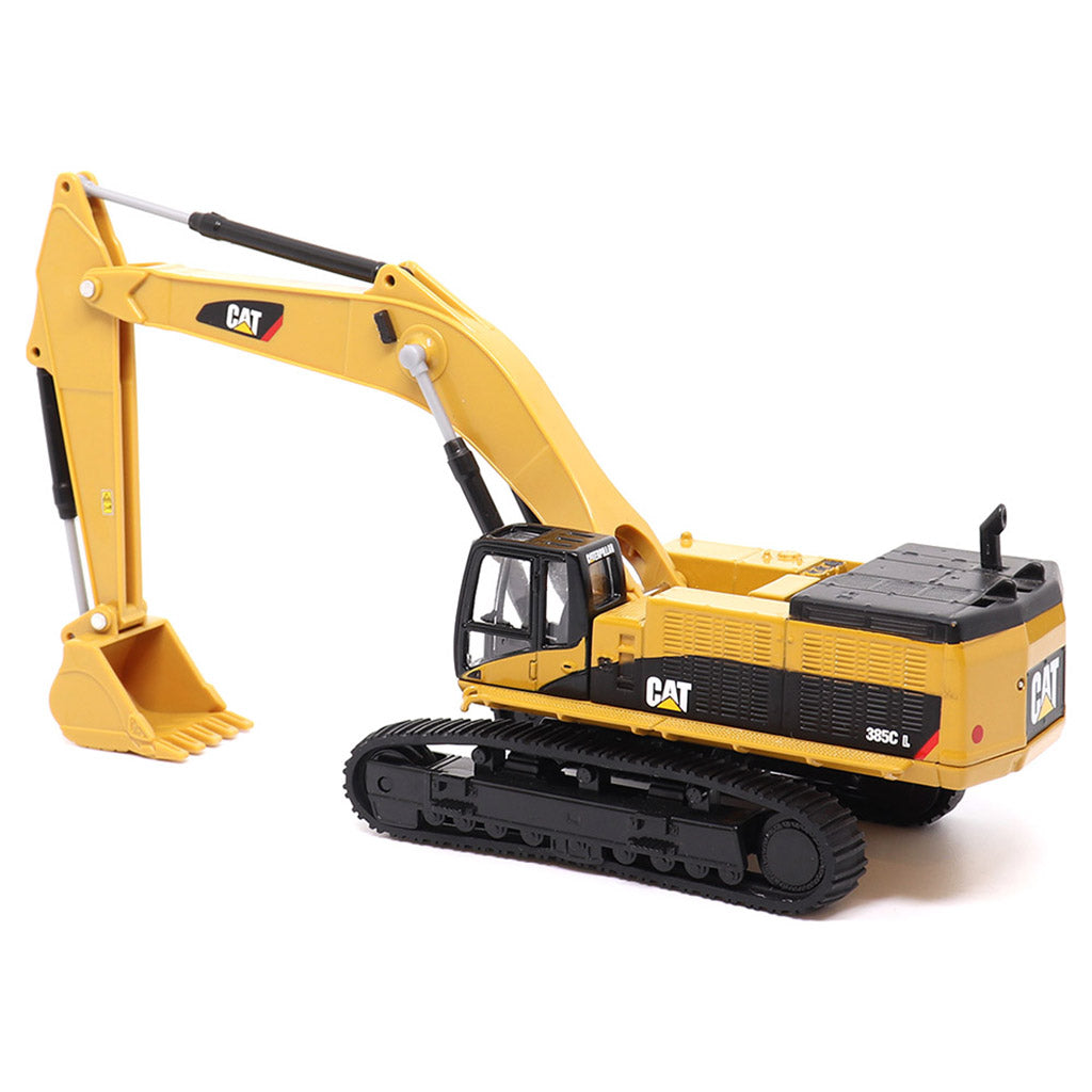 1:64th Scale Model of a Yellow & Black Caterpillar 385C L Super Large Excavator on a White Background
