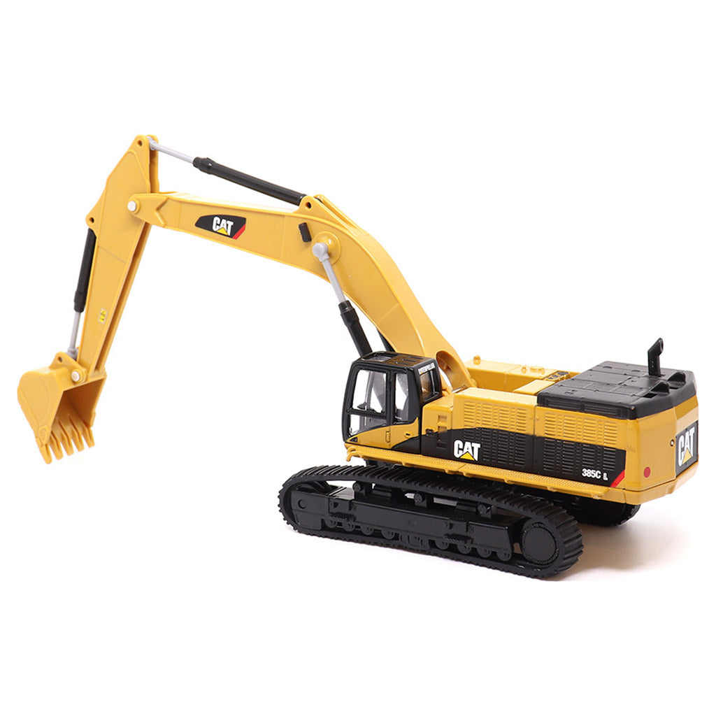 1:64th Scale Model of a Yellow & Black Caterpillar 385C L Super Large Excavator on a White Background