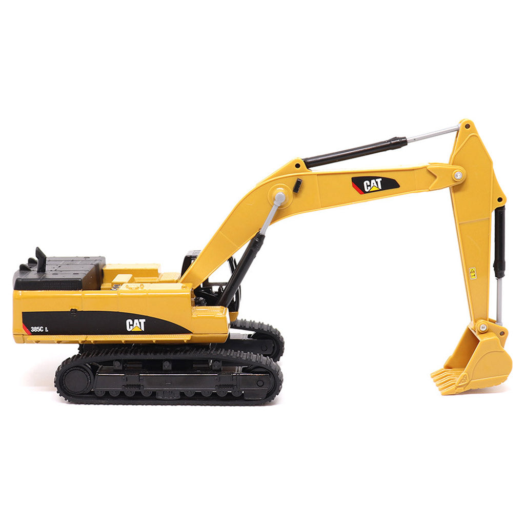 1:64th Scale Model of a Yellow & Black Caterpillar 385C L Super Large Excavator on a White Background