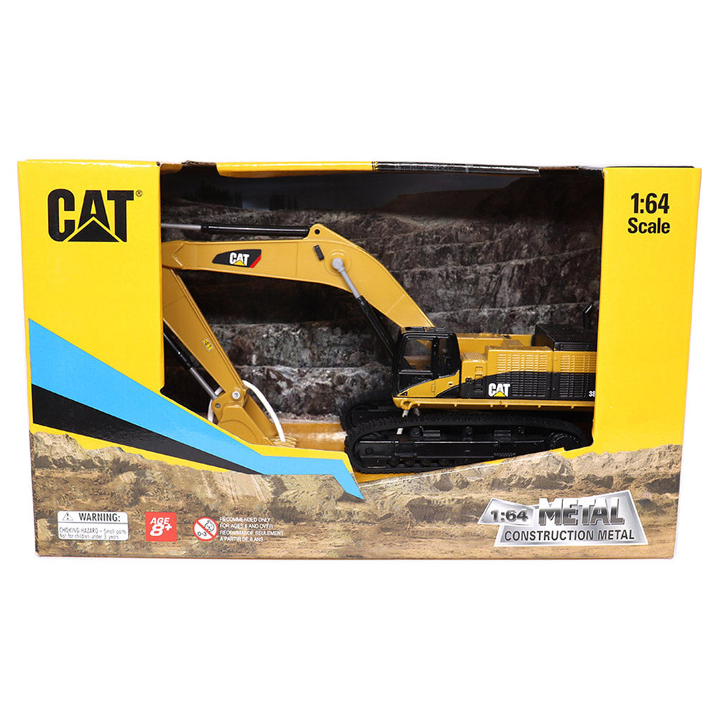 CAT 1:64 scale metal excavator toy in its original yellow and blue retail packaging, featuring a detailed die-cast model of the excavator visible through a clear window.