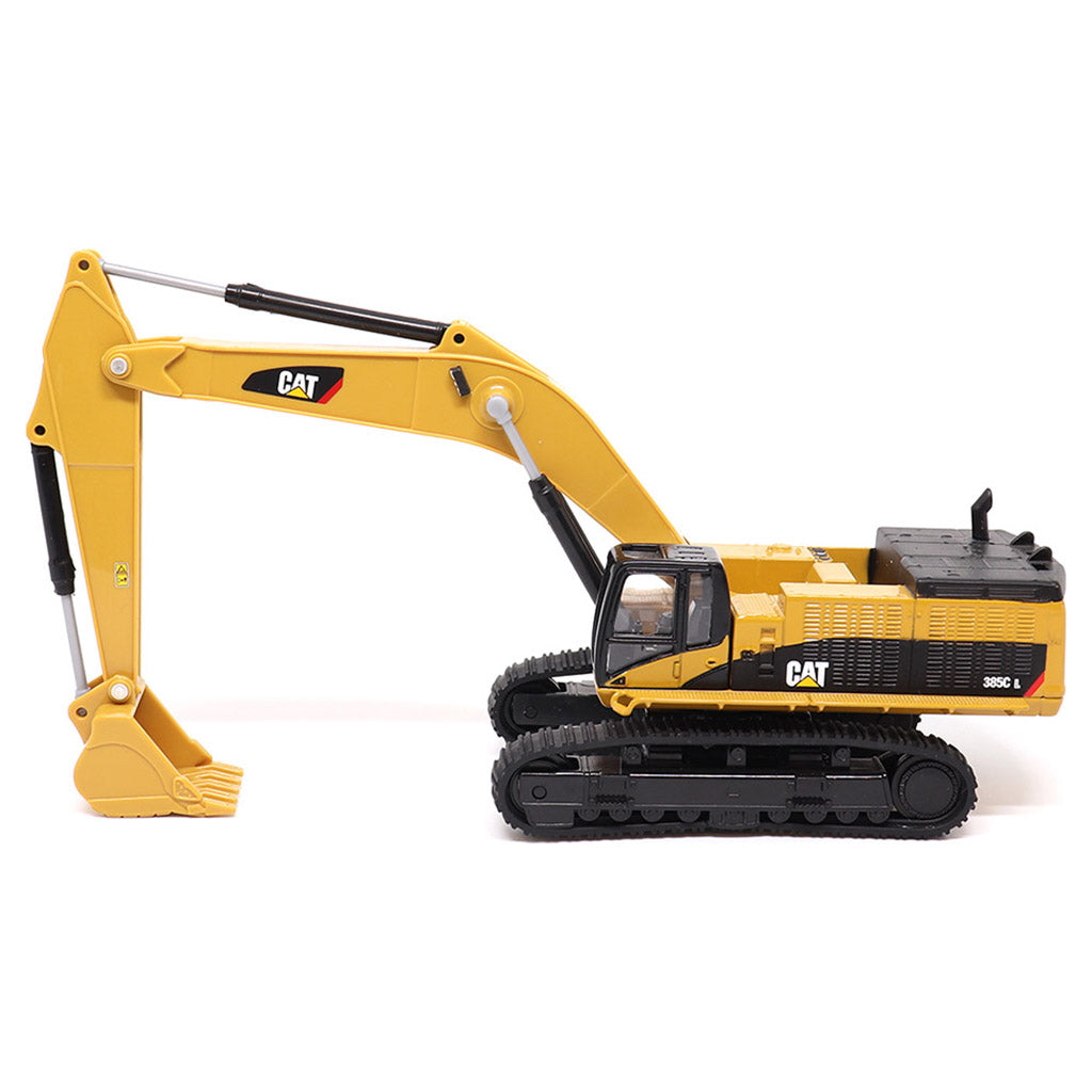 1:64th Scale Model of a Yellow & Black Caterpillar 385C L Super Large Excavator on a White Background