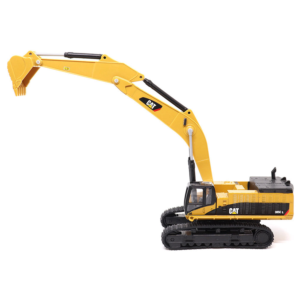 1:64th Scale Model of a Yellow & Black Caterpillar 385C L Super Large Excavator on a White Background