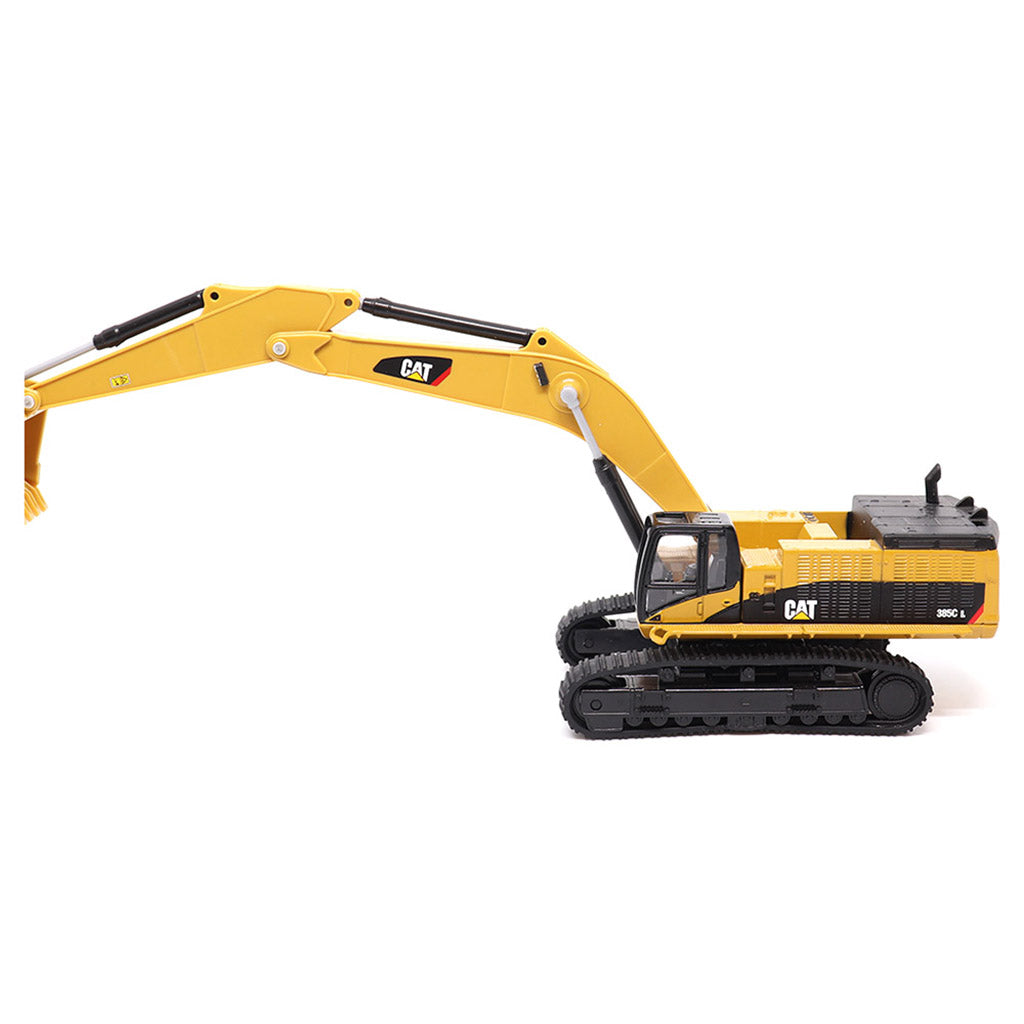 1:64th Scale Model of a Yellow & Black Caterpillar 385C L Super Large Excavator on a White Background