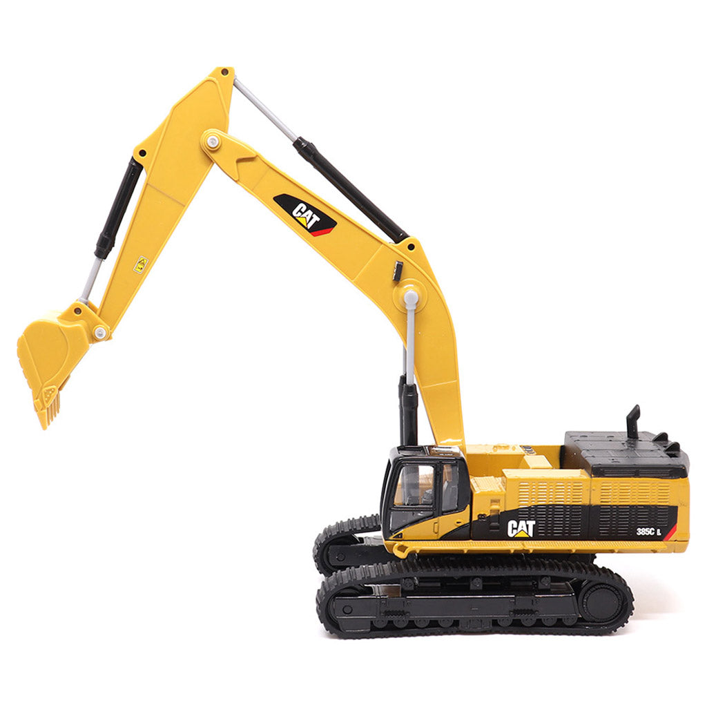 1:64th Scale Model of a Yellow & Black Caterpillar 385C L Super Large Excavator on a White Background