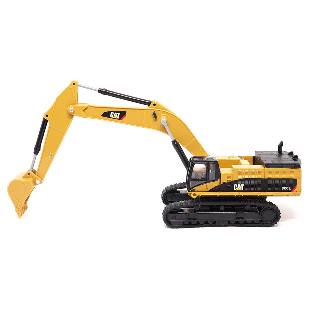 1:64th Scale Model of a Yellow & Black Caterpillar 385C L Super Large Excavator on a White Background