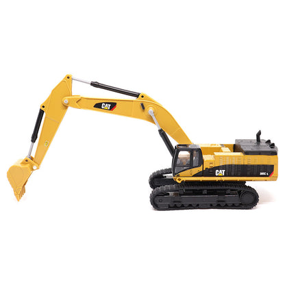 1:64th Scale Model of a Yellow & Black Caterpillar 385C L Super Large Excavator on a White Background