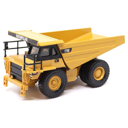 1:64 Scale Diecast Model of a Yellow and Black Caterpillar 775E Mining Dump Truck on a White Background