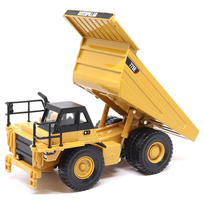 1:64 Scale Diecast Model of a Yellow and Black Caterpillar 775E Mining Dump Truck on a White Background