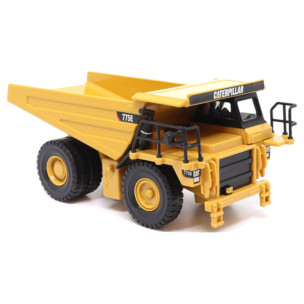 1:64 Scale Diecast Model of a Yellow and Black Caterpillar 775E Mining Dump Truck on a White Background