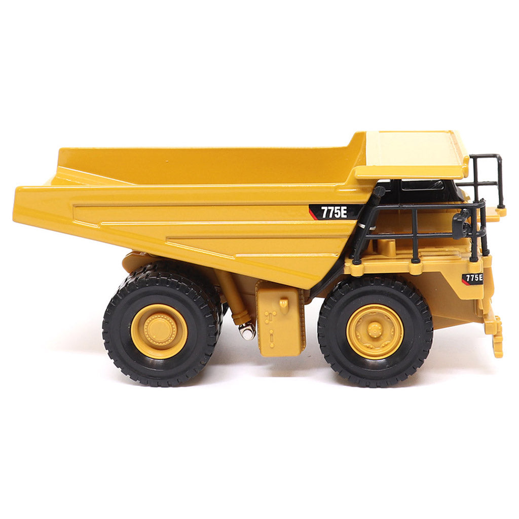 1:64 Scale Diecast Model of a Yellow and Black Caterpillar 775E Mining Dump Truck on a White Background