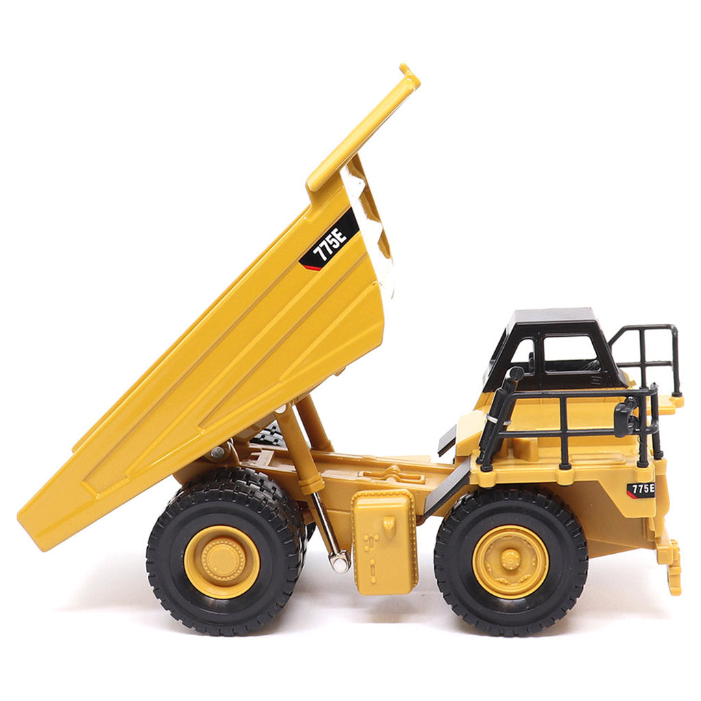 1:64 Scale Diecast Model of a Yellow and Black Caterpillar 775E Mining Dump Truck on a White Background