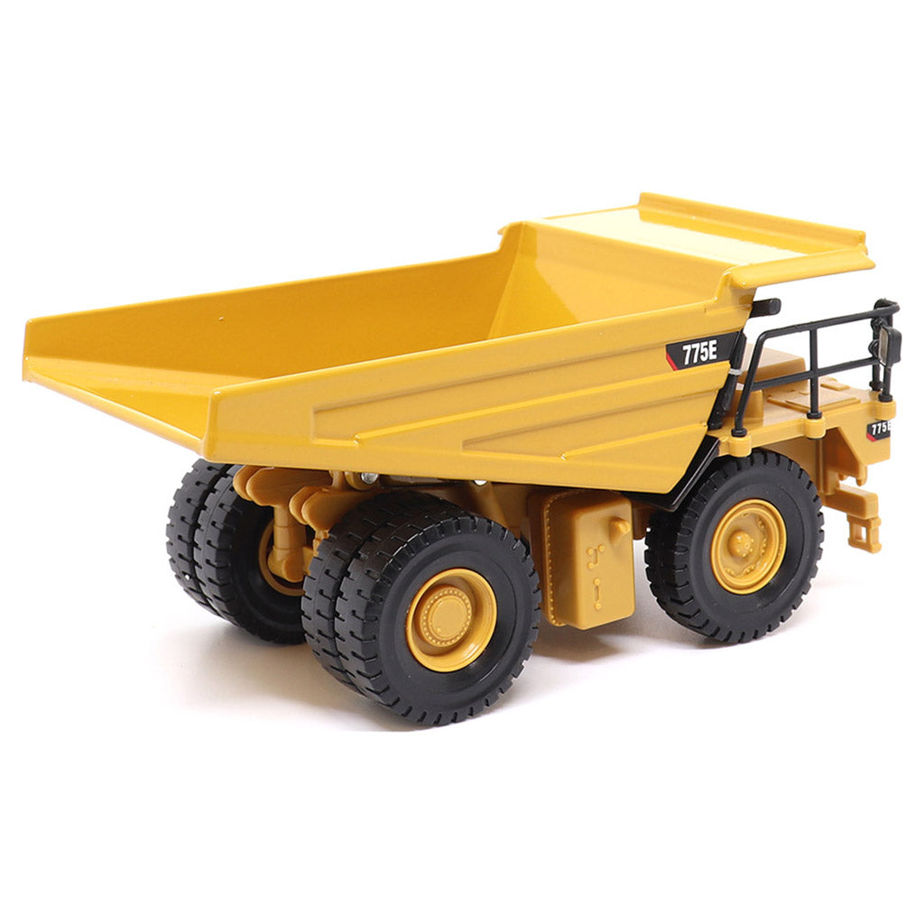 1:64 Scale Diecast Model of a Yellow and Black Caterpillar 775E Mining Dump Truck on a White Background