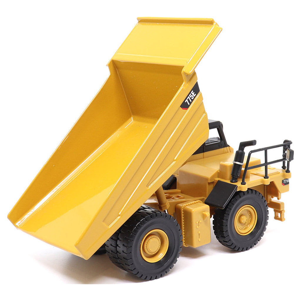 1:64 Scale Diecast Model of a Yellow and Black Caterpillar 775E Mining Dump Truck on a White Background