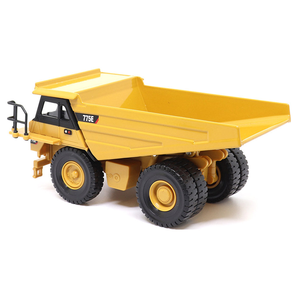 1:64 Scale Diecast Model of a Yellow and Black Caterpillar 775E Mining Dump Truck on a White Background