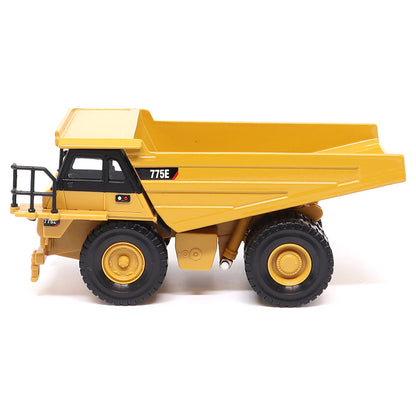 1:64 Scale Diecast Model of a Yellow and Black Caterpillar 775E Mining Dump Truck on a White Background