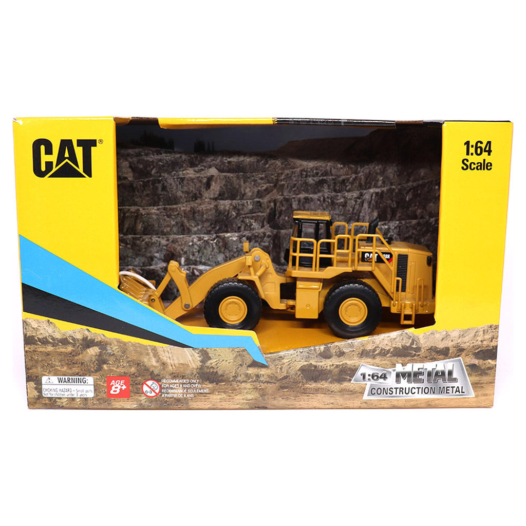 1:64th Scale Model of a CAT Yellow and Black Caterpillar 988H Wheel Loader in Colorful Window Box Packaging on a White Background