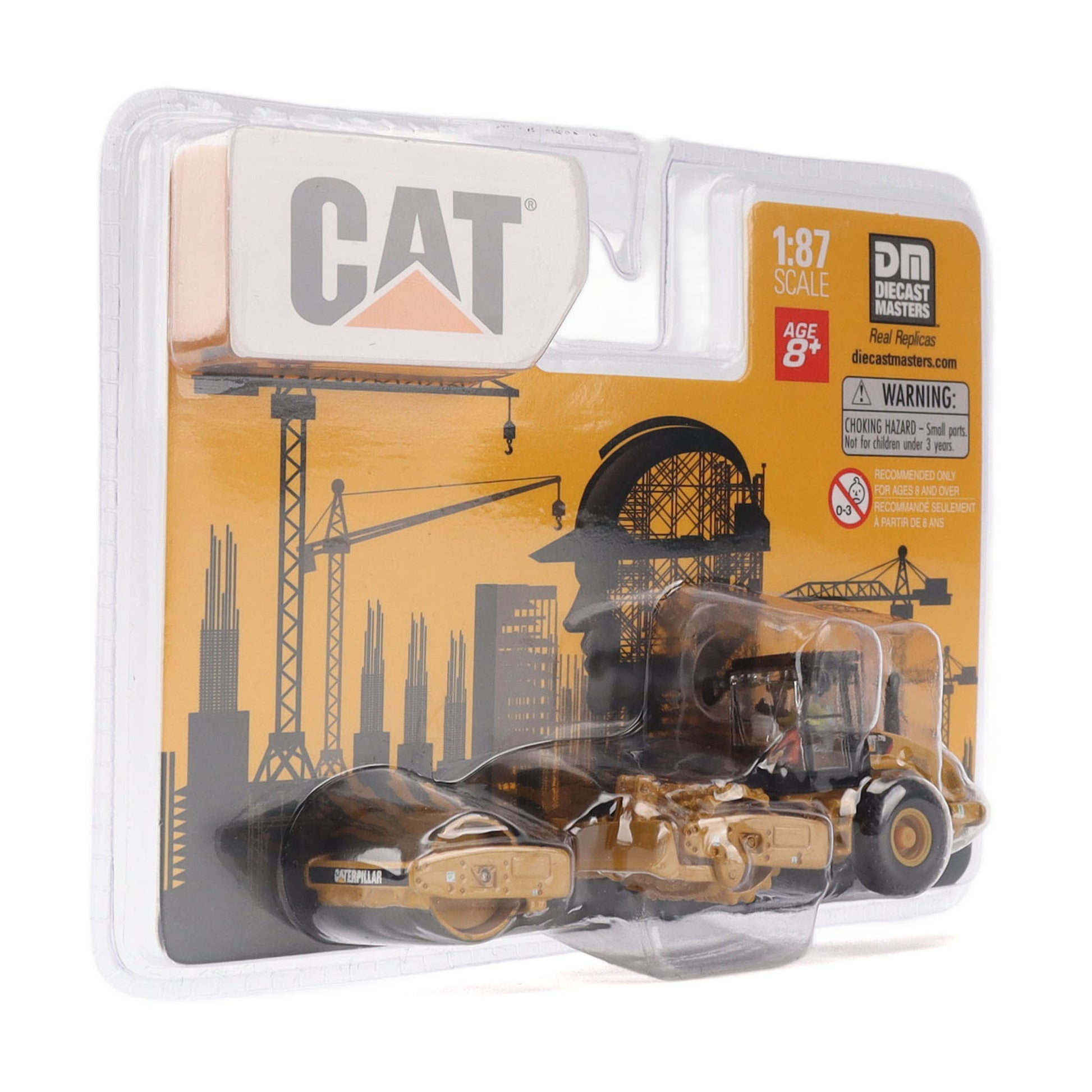 A 1:87 scale diecast model of a CAT roller set in its original blister packaging by Decade Masters. The packaging features a yellow and black industrial graphic background with the CAT logo and a warning label.