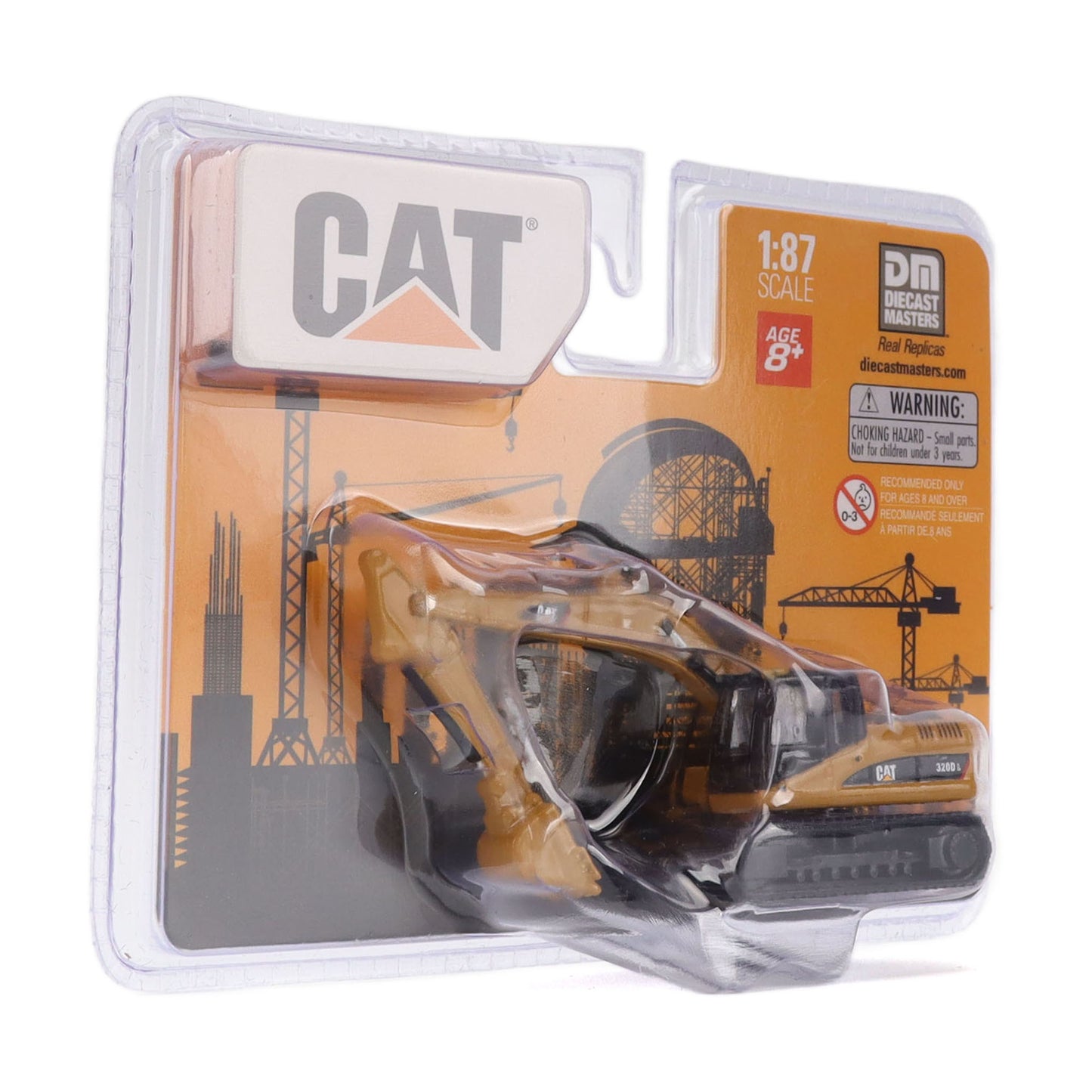 CAT 320D 1:87 scale diecast model excavator in its original blister packaging, featuring a tan and black excavator with a white CAT logo and orange backing card.