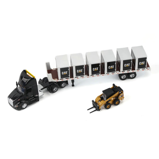 Model of a Peterbilt 579 hitched to a flatbed trailer with 6 CAT branded pallet boxes and a Caterpillar 272D Skid Steer Loader with pallet forks on a white background