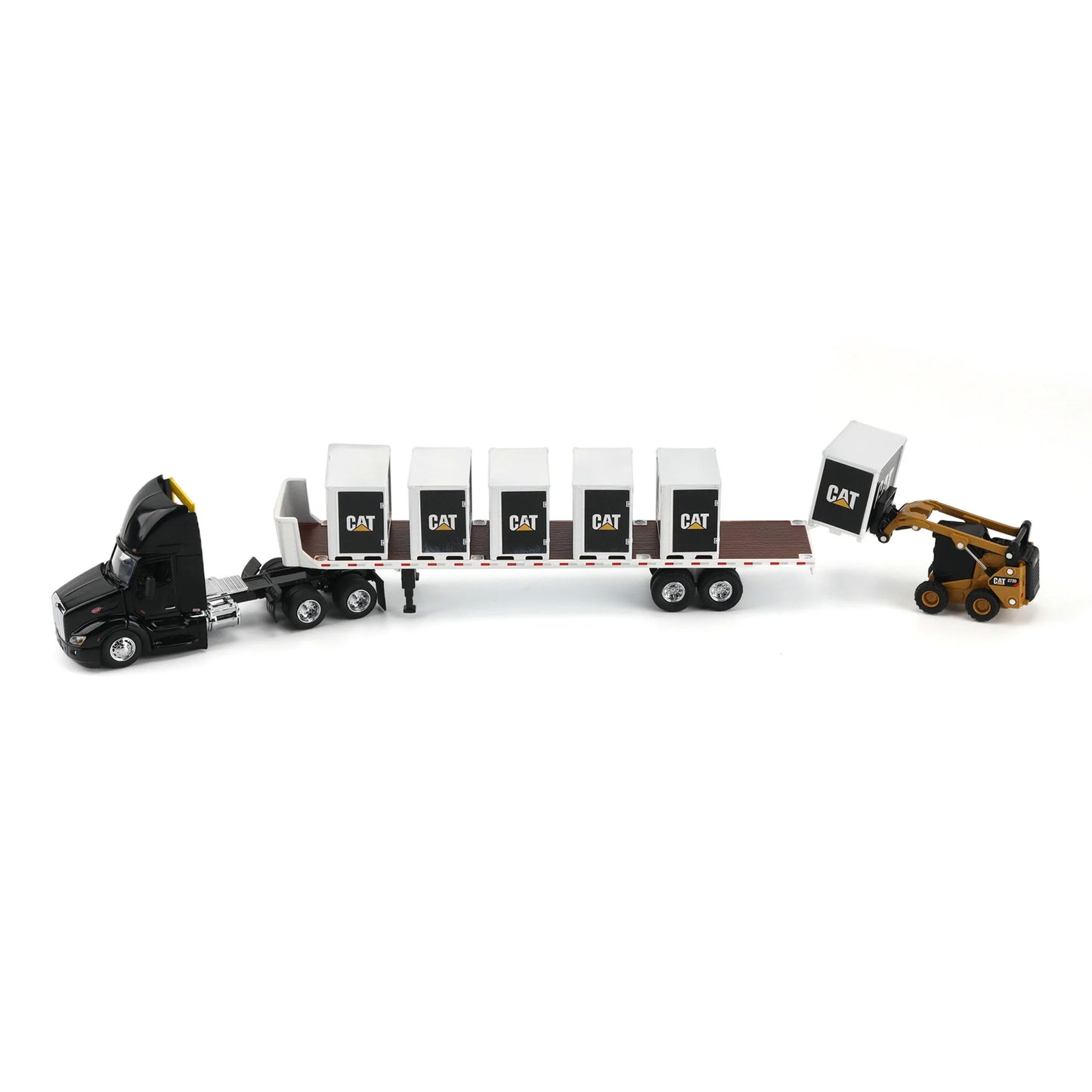 Model of a Peterbilt 579 hitched to a flatbed trailer with 6 CAT branded pallet boxes and a Caterpillar 272D Skid Steer Loader with pallet forks on a white background