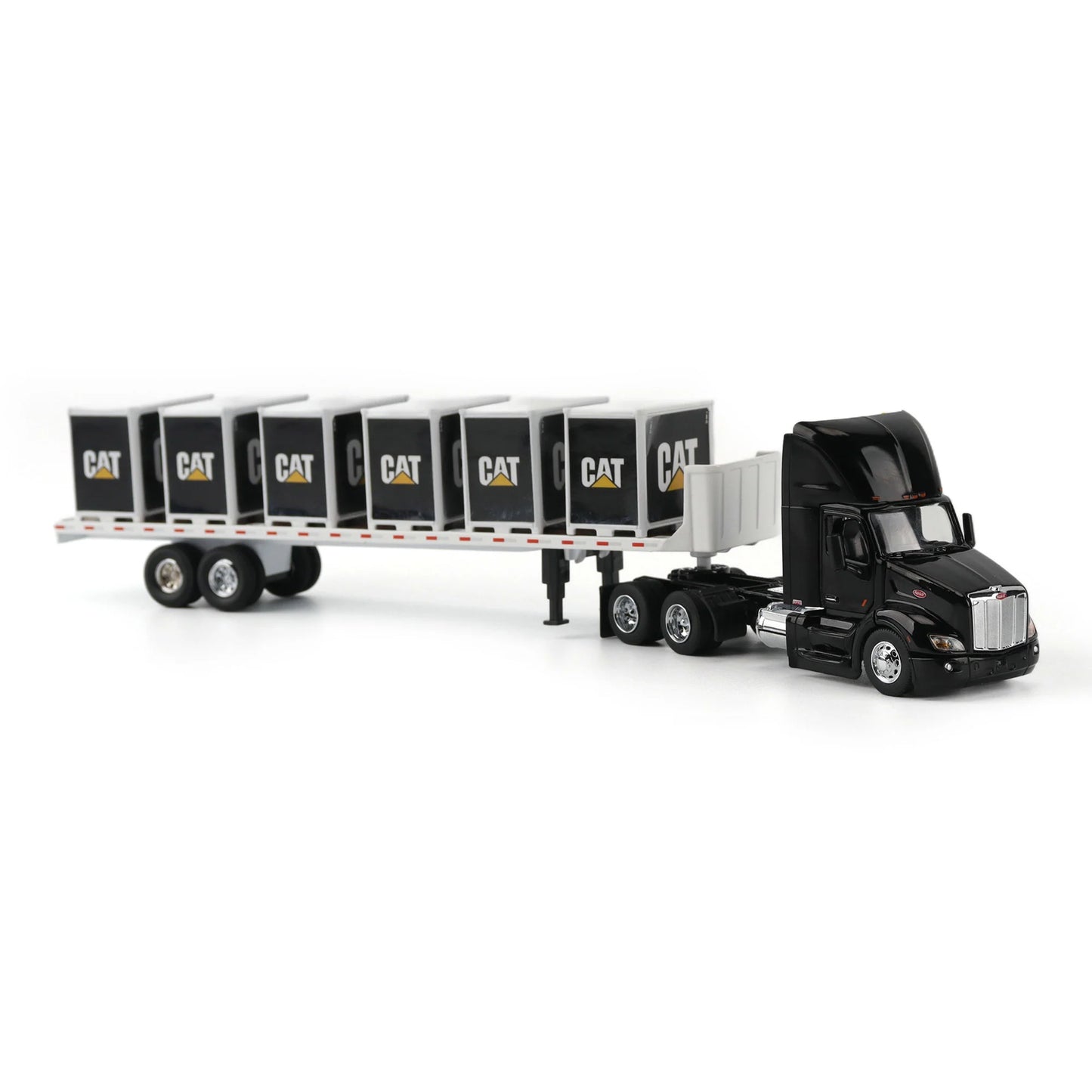 Model of a Peterbilt 579 hitched to a flatbed trailer with 6 CAT branded pallet boxes on a white background