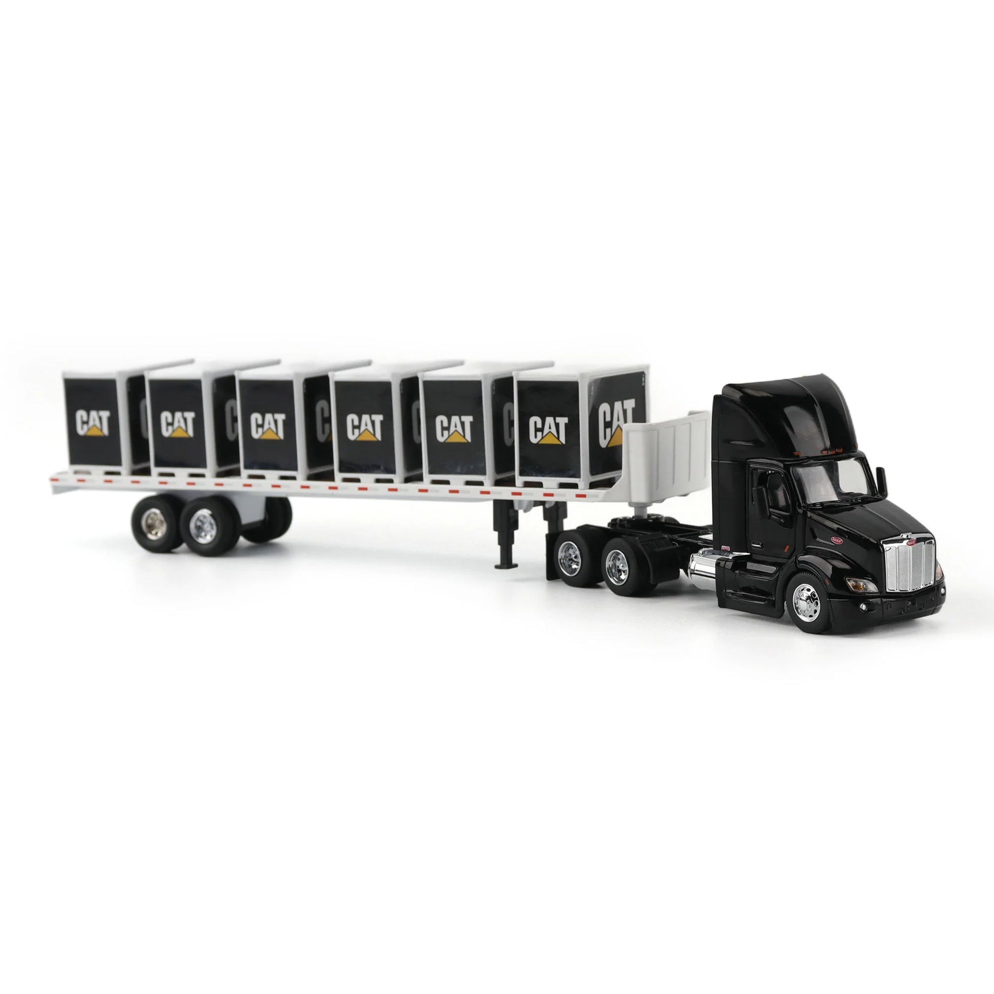 Model of a Peterbilt 579 hitched to a flatbed trailer with 6 CAT branded pallet boxes on a white background