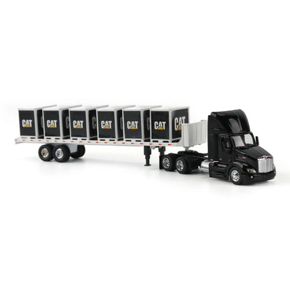 Model of a Peterbilt 579 hitched to a flatbed trailer with 6 CAT branded pallet boxes on a white background