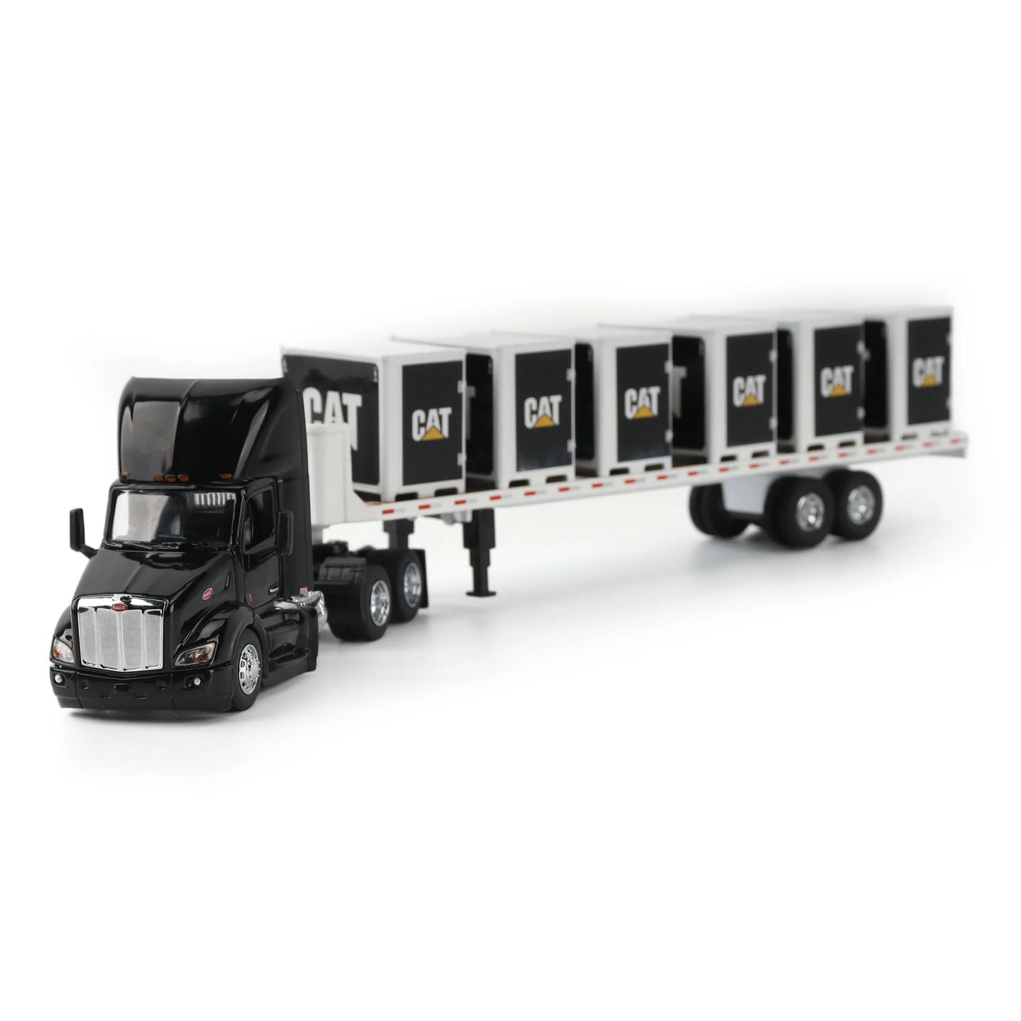 Model of a Peterbilt 579 hitched to a flatbed trailer with 6 CAT branded pallet boxes on a white background