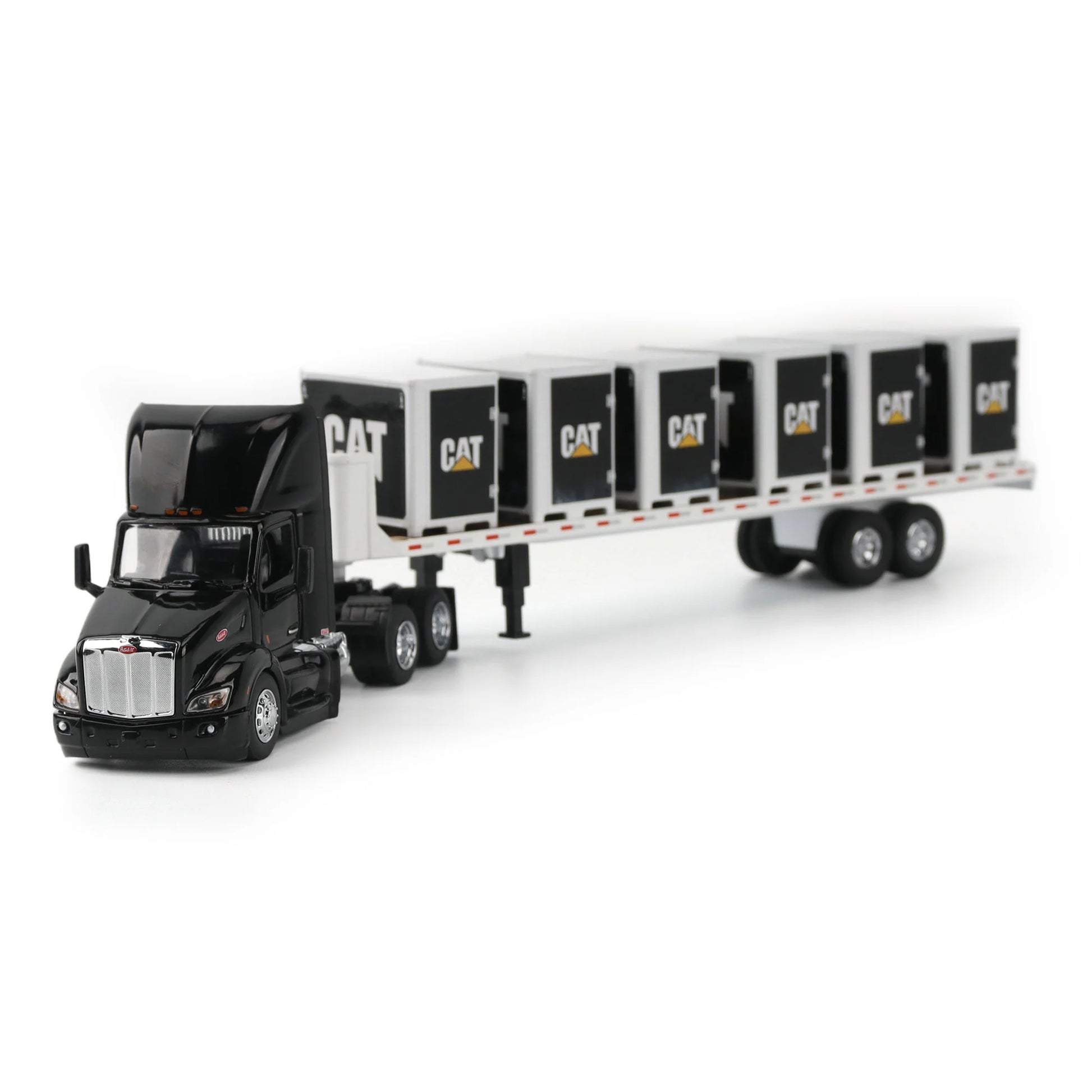 Model of a Peterbilt 579 hitched to a flatbed trailer with 6 CAT branded pallet boxes on a white background