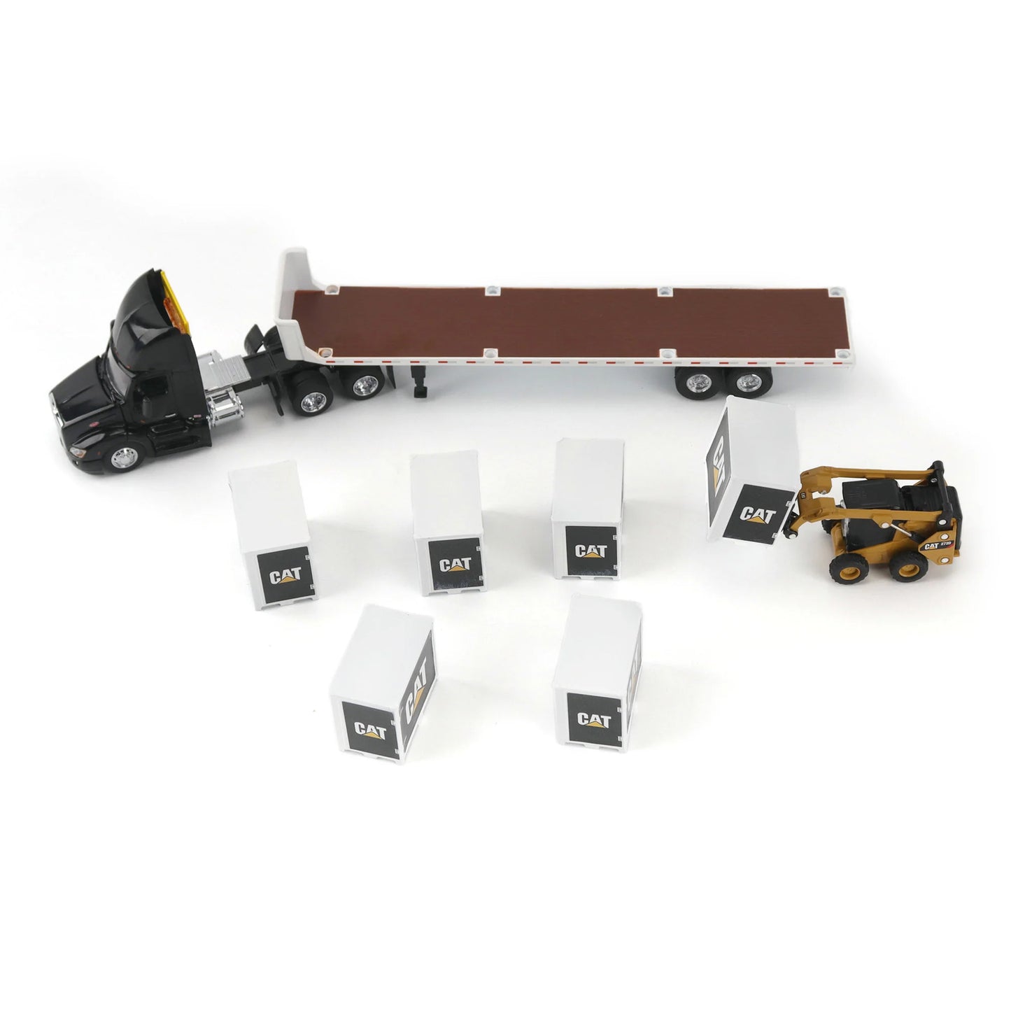 Model of a Peterbilt 579 hitched to a flatbed trailer with 6 CAT branded pallet boxes and a Caterpillar 272D Skid Steer Loader with pallet forks on a white background