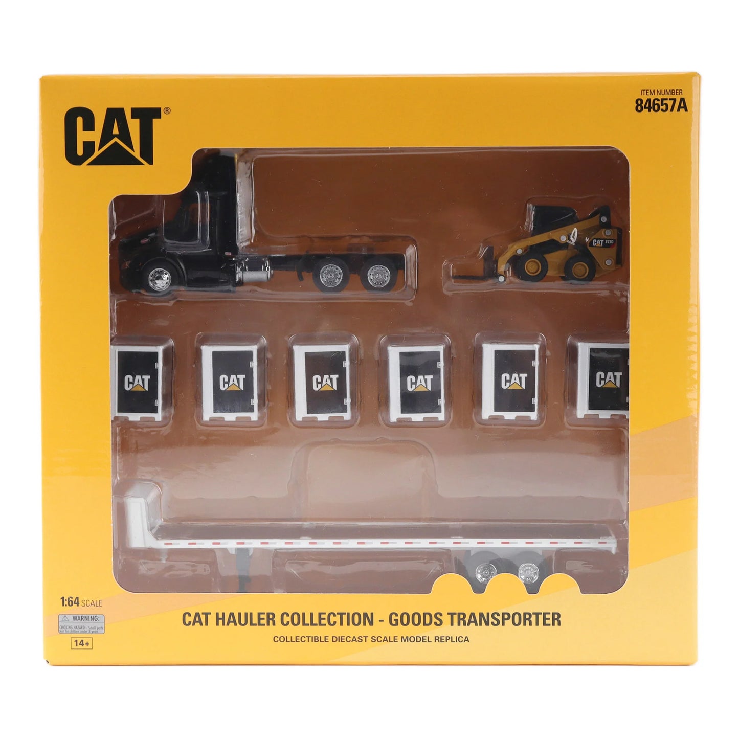 Cat hauler collection packaging with toy truck and skid loader on yellow background