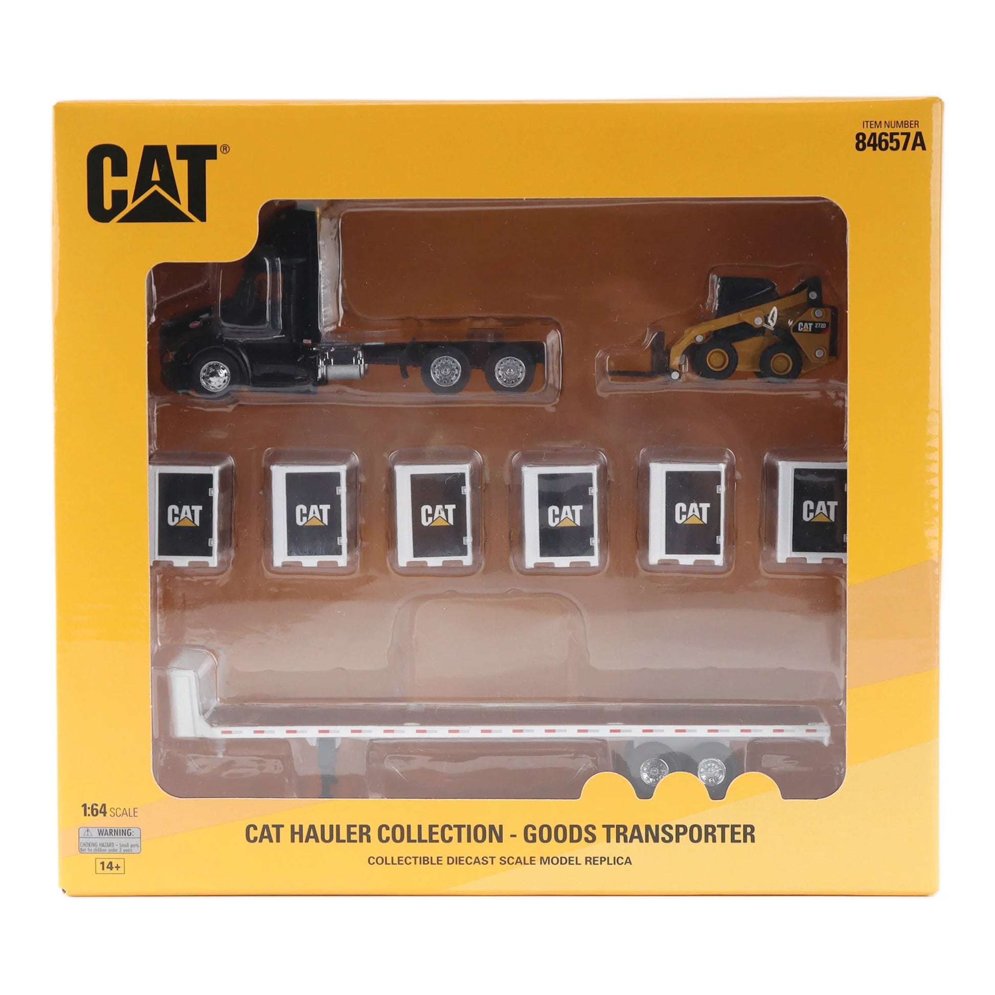 Cat hauler collection packaging with toy truck and skid loader on yellow background