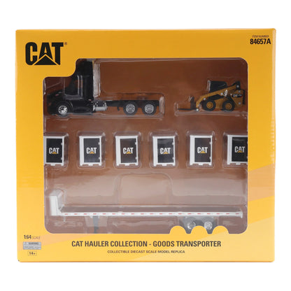 Cat hauler collection packaging with toy truck and skid loader on yellow background